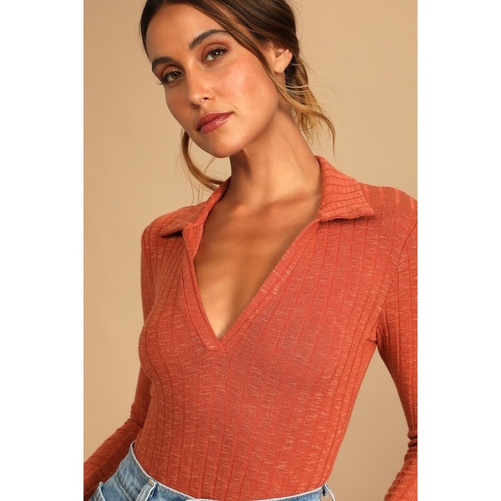 Lulus You Belong Here Rust Orange Ribbed Collared Long Sleeve Bodysuit - Size M